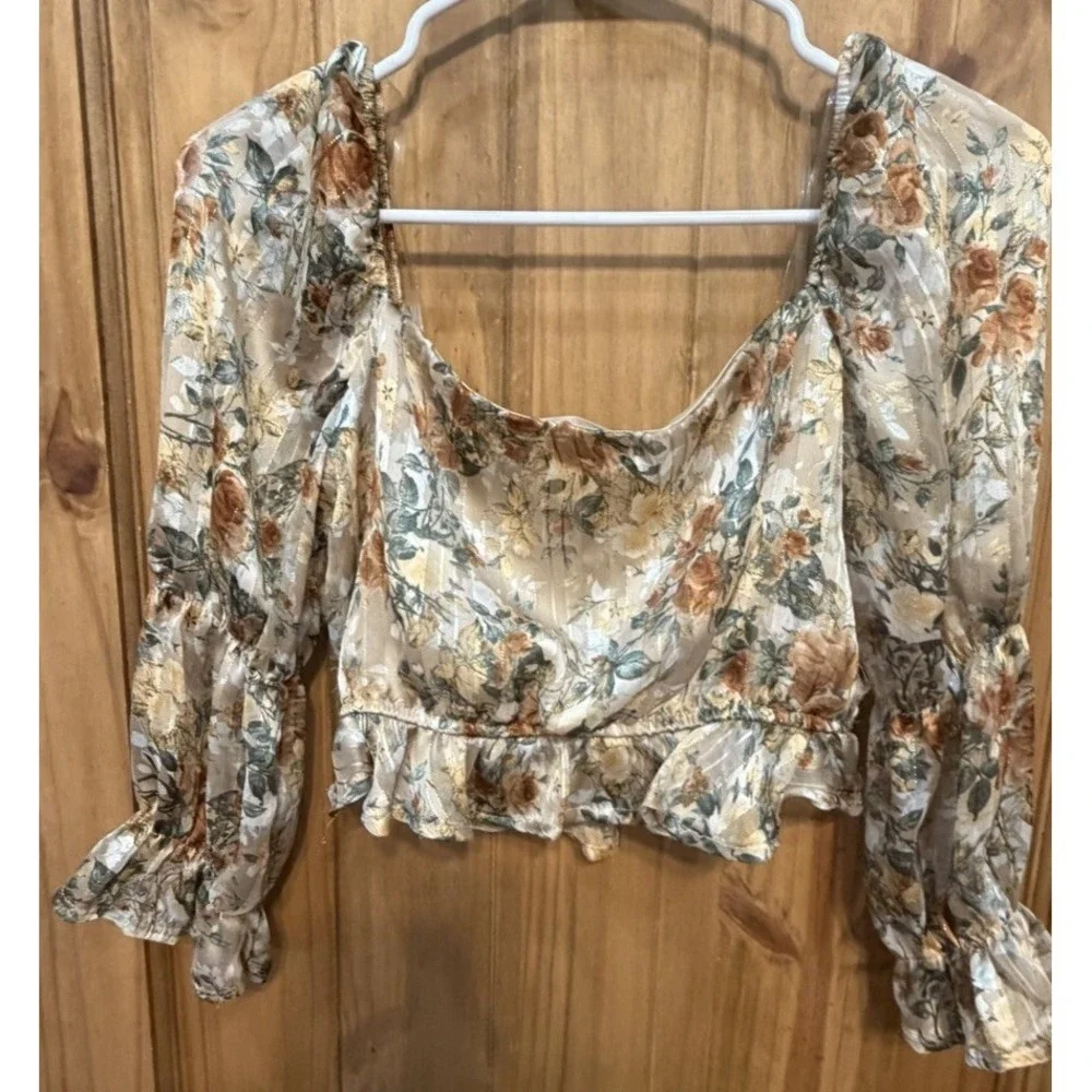 FRAY Floral Puff Sleeve Crop Top Cottagecore Romantic Sheer Boho M - Picture 3 of 5